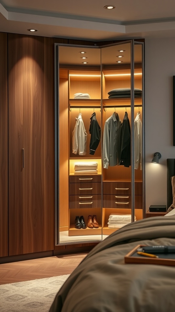 Wardrobe with integrated lighting featuring wooden finishes and mirrored doors, showcasing neatly organized clothes and shoes.