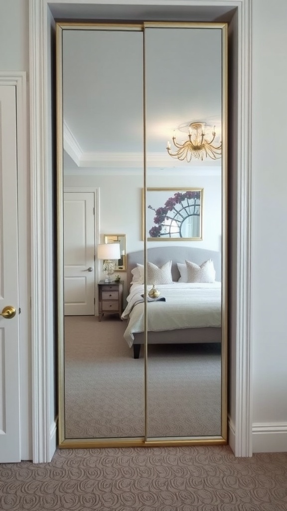 Wardrobe with mirror doors reflecting a stylish bedroom