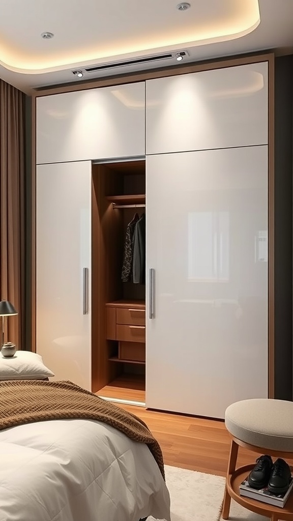 A modern bedroom featuring a wardrobe with a soft-close mechanism, showcasing sleek design and organized storage.