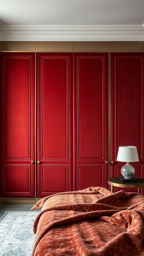 A bedroom featuring a wardrobe with rich red velvet textured panels and a cozy bed.