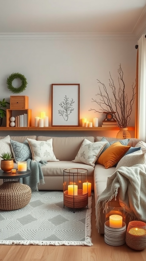 A cozy living room with candles, pillows, and natural decor