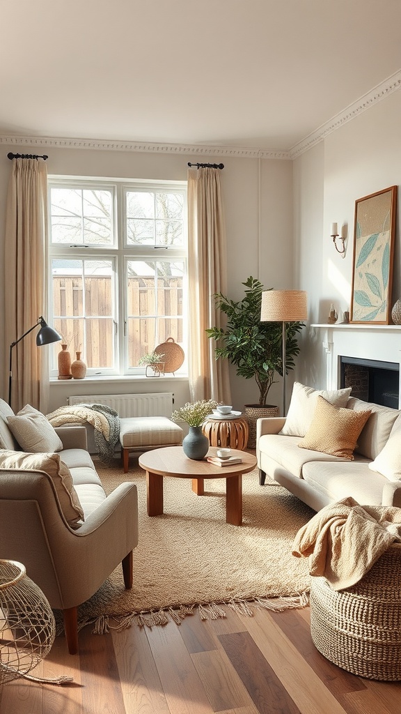 A cozy living room with warm neutral colors, soft furniture, and textured layers creating a welcoming atmosphere.