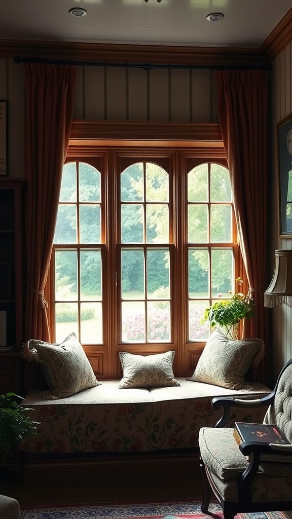 A cozy window seat with cushions, framed by large windows and curtains, overlooking a garden.