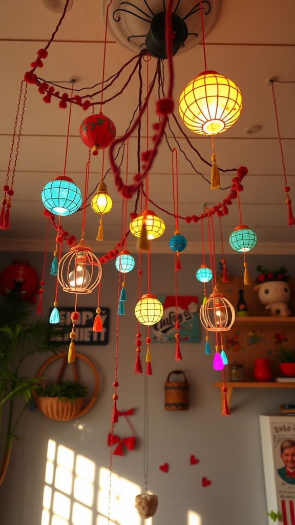 Colorful hanging lanterns and tassels from the ceiling.