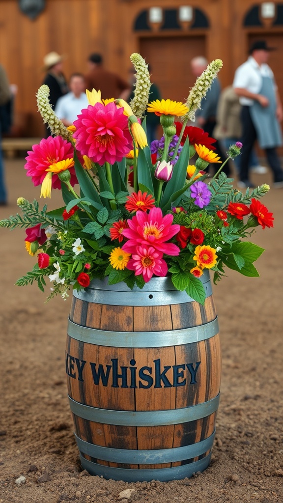 A whiskey barrel planter filled with colorful flowers, set in a rustic environment.