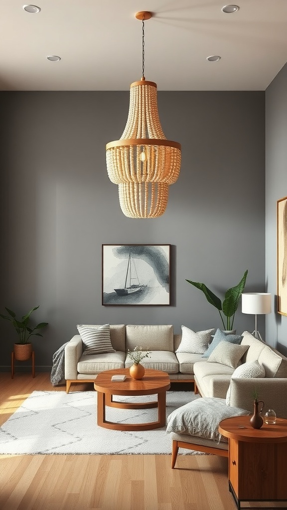 A living room featuring a wooden bead chandelier, light-colored sofa, wooden coffee table, and green plants.