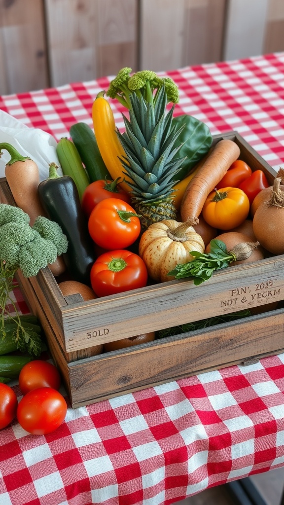 A wooden crate filled with colorful fresh produce on a red-checkered tablecloth.