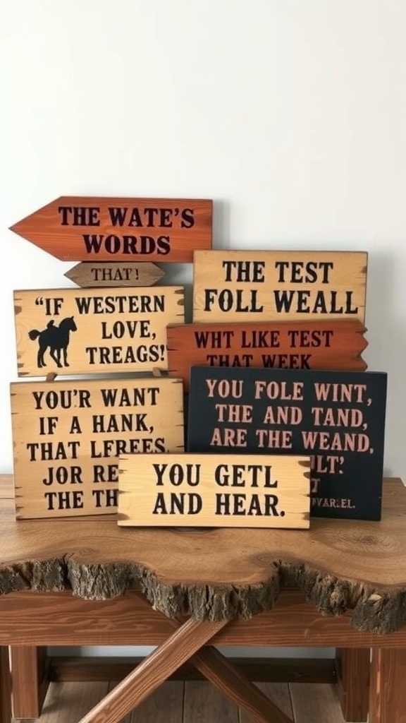 A collection of wooden signs with quirky western quotes on a rustic wooden table.