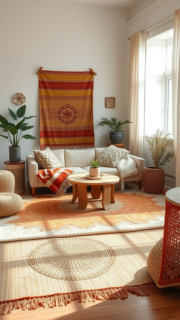 A cozy living room featuring woven textiles and rugs with a warm color palette, plants, and natural materials.