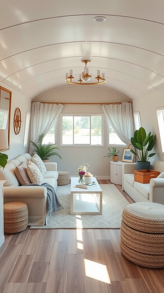 A calming and serene trailer house living room with soft colors, natural light, and plants.