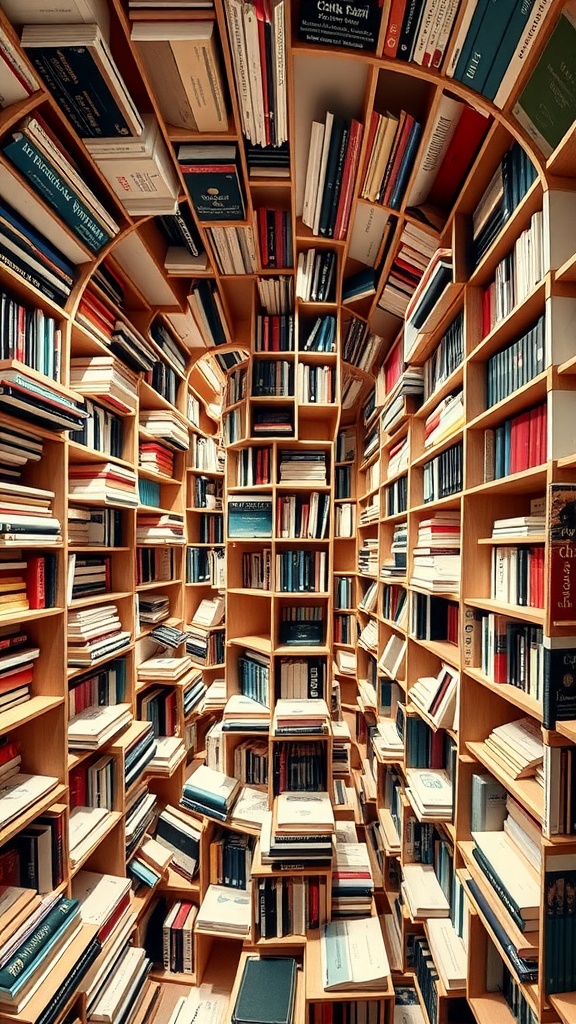 A spiral bookshelf filled with books, showcasing a unique and artistic design.