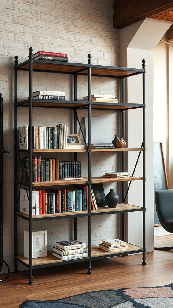 Industrial style bookshelf made of metal and wood, featuring open shelving with books and decorative items