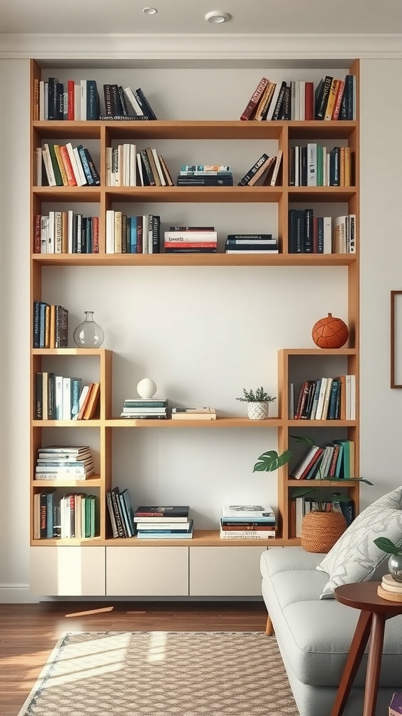 A modern wall-mounted bookshelf filled with books, decorative items, and a cozy couch in a well-lit room.