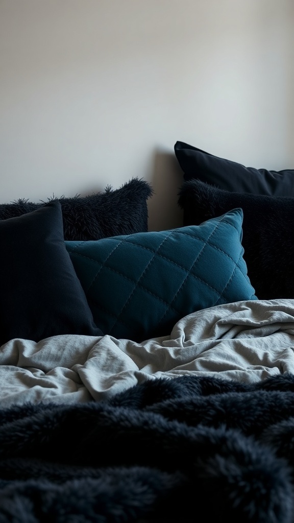Cozy black and blue bedroom with plush pillows and layered bedding