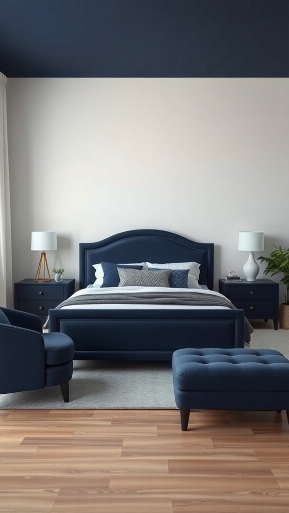 A modern bedroom featuring navy blue furniture, including a bed, nightstands, and accent chairs, against a light wall.