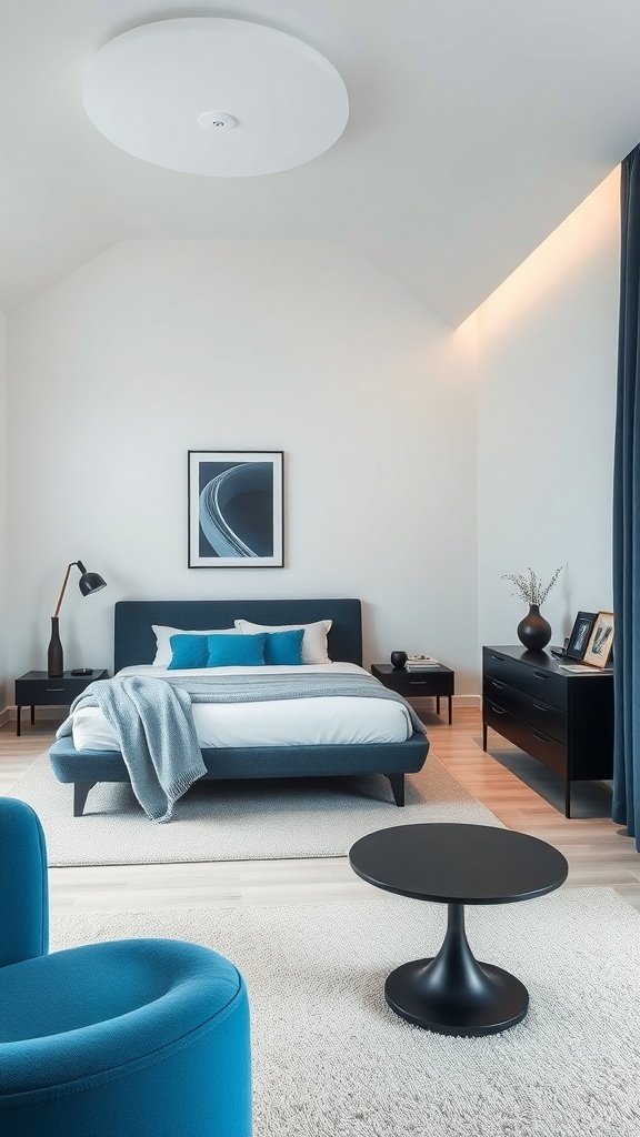 A modern minimalist bedroom featuring black and blue design elements.