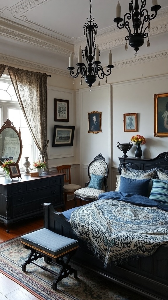 A vintage bedroom featuring black furniture and blue accents, with a chandelier and framed artwork.