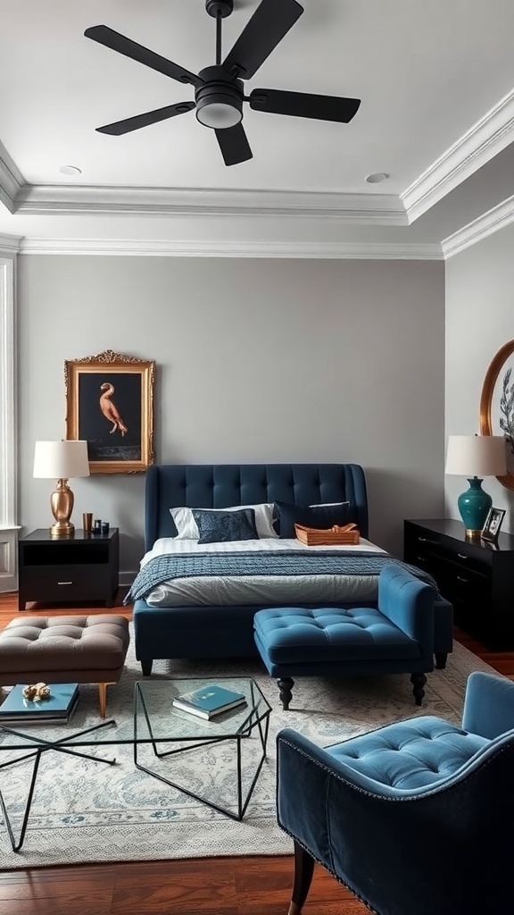 A stylish bedroom featuring a blue bed frame, black furniture, and elegant decor.