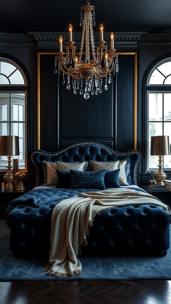 A luxurious bedroom featuring a deep blue tufted bed, dark walls, a sparkling chandelier, and metallic accents.