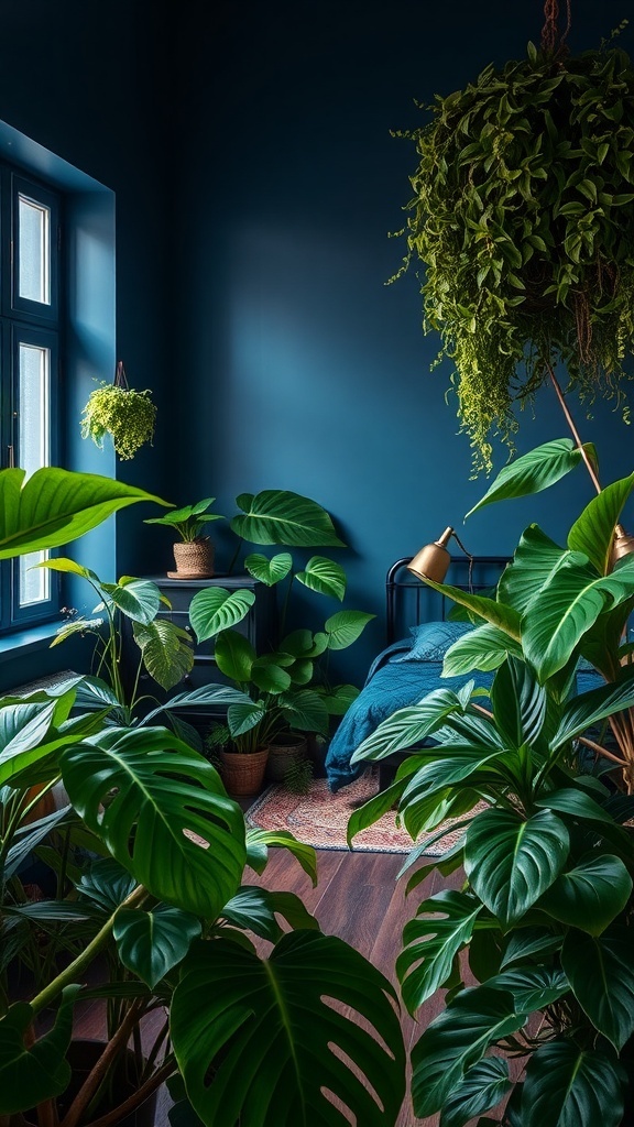 A dark blue bedroom filled with lush green plants, featuring a cozy bed and warm lighting.