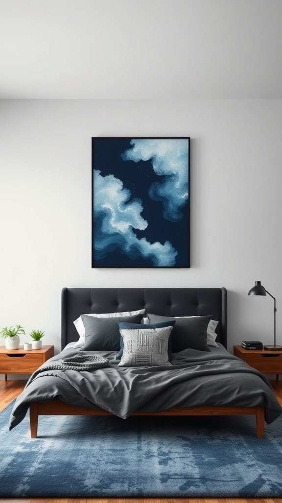 A cozy bedroom featuring navy blue wall art with swirling clouds, a dark bed frame, and matching bedding.
