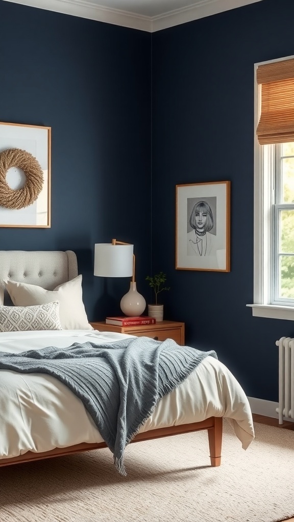 A cozy bedroom featuring navy blue accent walls, light bedding, and decorative artwork.