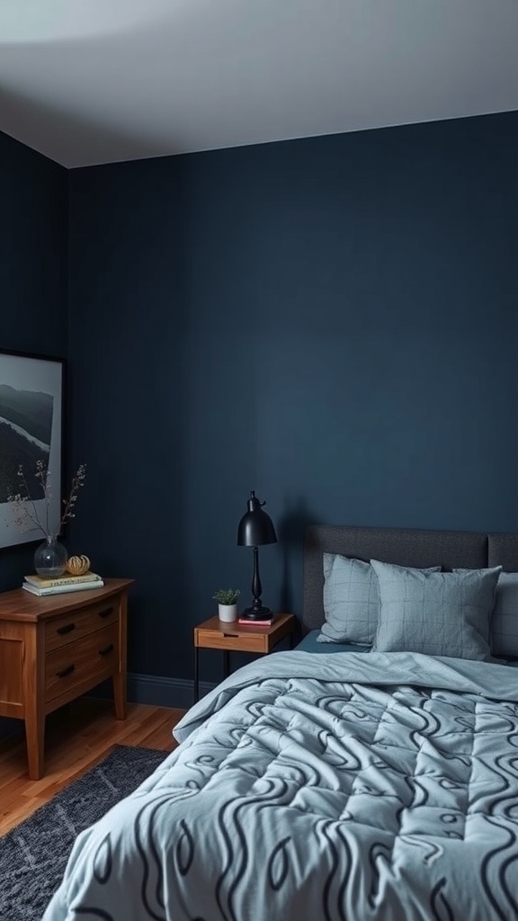A cozy bedroom with deep blue walls, light blue bedding, and wooden furniture.