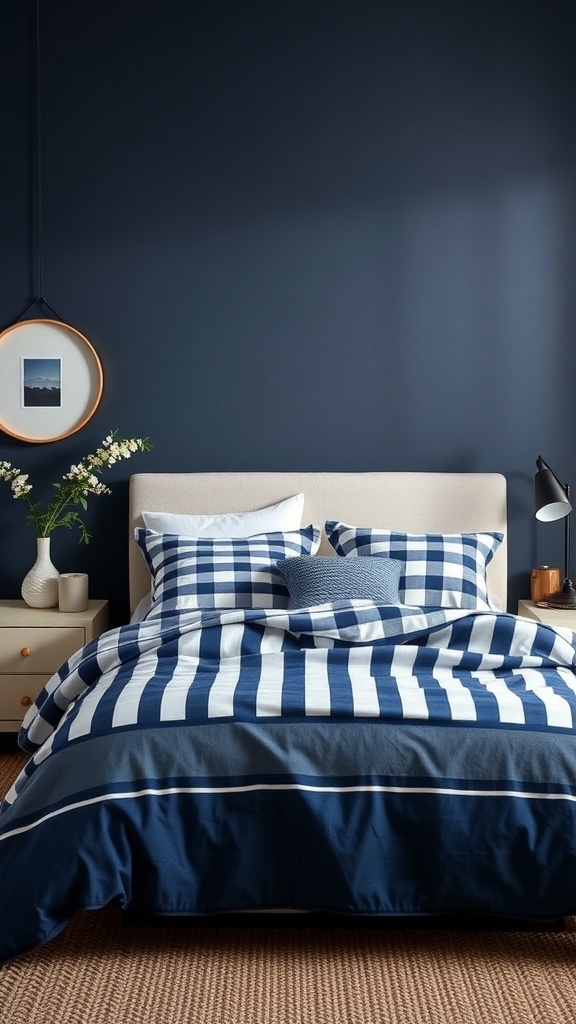A dark blue bedroom featuring a striped duvet cover and pillows, with a round mirror and a vase of flowers on a nightstand.