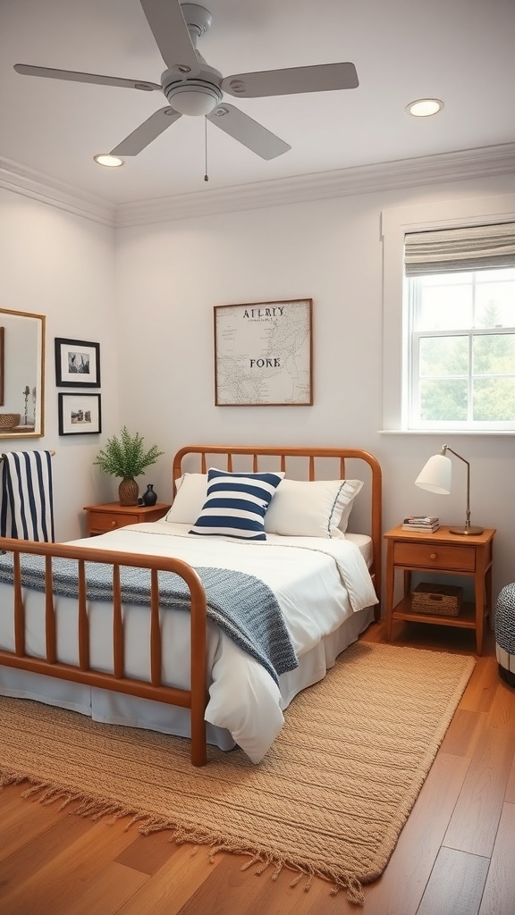 A cozy bedroom featuring navy blue and white striped accents.