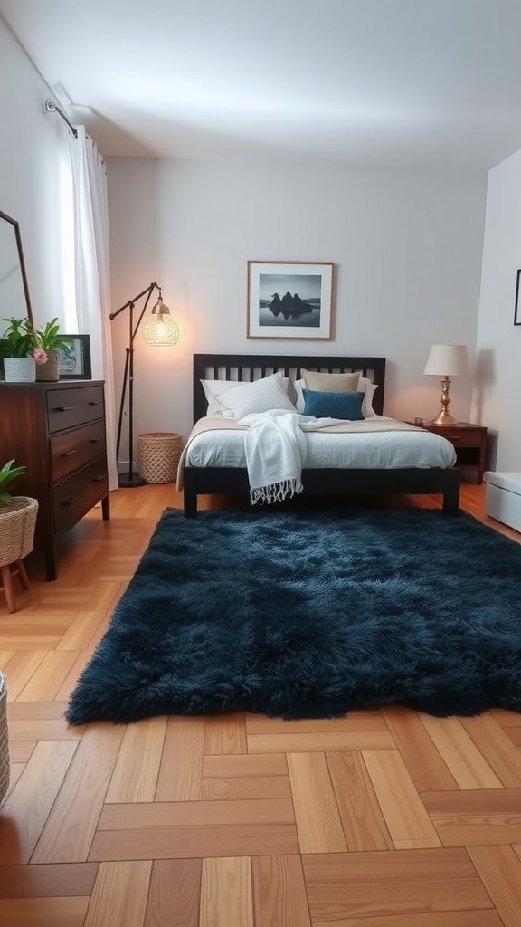 A cozy bedroom featuring a dark blue area rug, a bed with white and blue bedding, and wooden furniture.