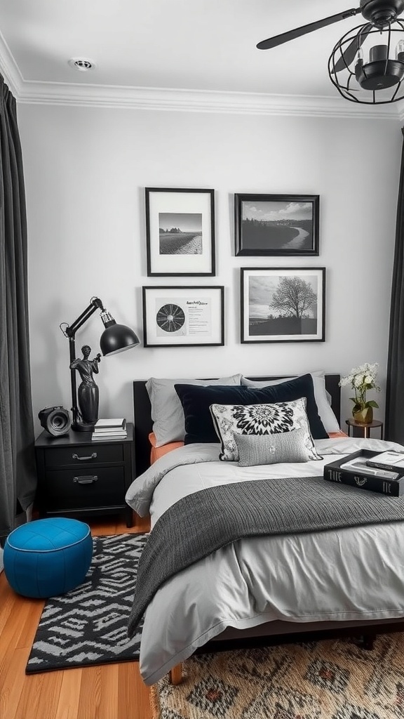 A stylish bedroom featuring black and blue accessories, including a blue pouf, patterned rug, and framed artwork.