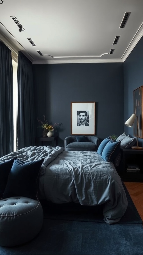 A dark blue bedroom featuring layered textures with blue bedding, curtains, and furniture.
