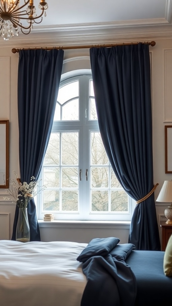 A bedroom with navy blue curtains framing a window, enhancing privacy and style.