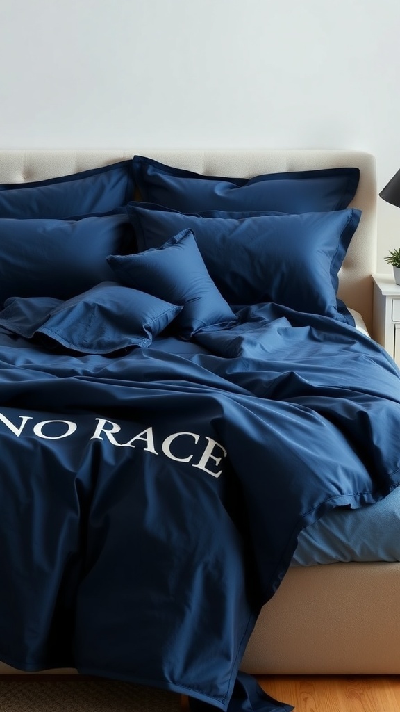 A neatly made bed with navy blue bedding and pillows, featuring a modern design.