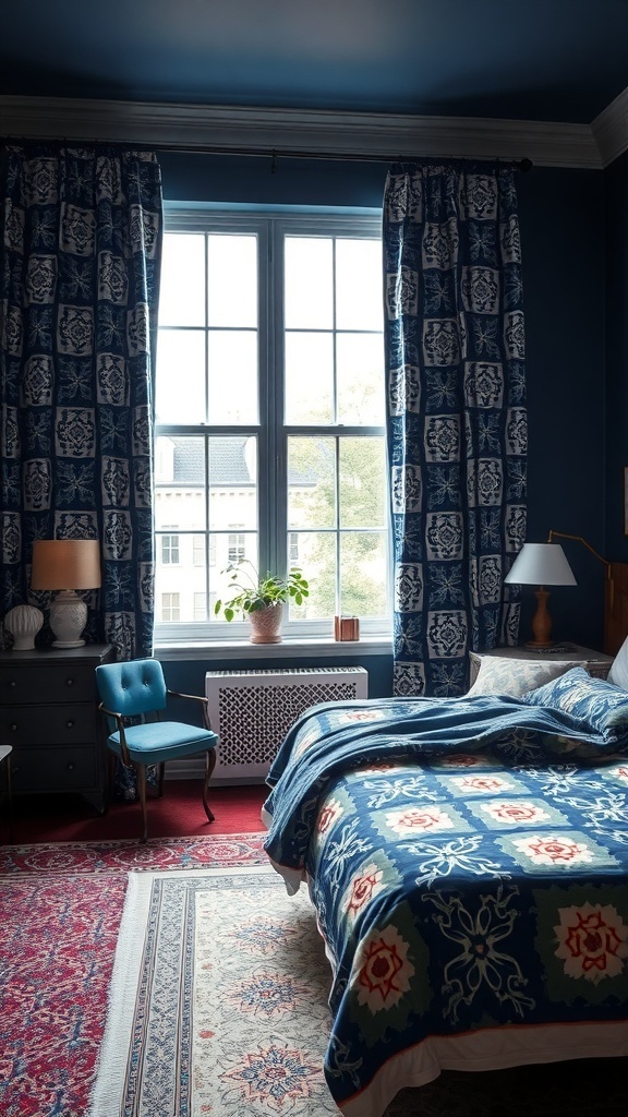 A navy blue bedroom featuring patterned curtains, colorful bedding, and a decorative area rug.