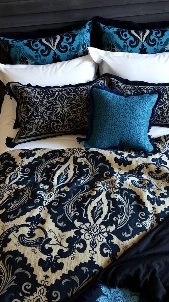 A beautifully arranged bedding set featuring black and blue patterns, with decorative pillows and a duvet.