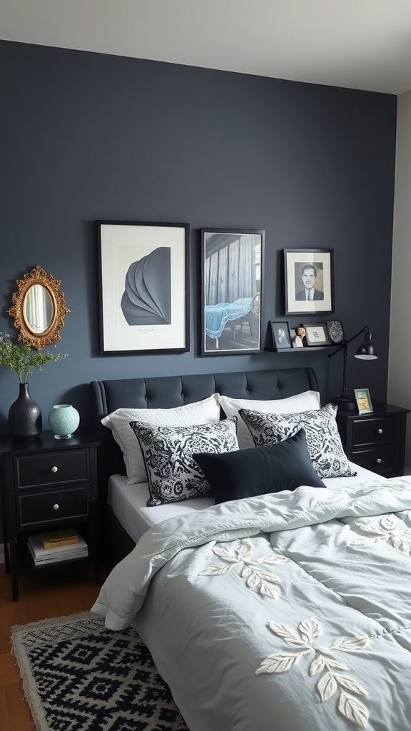 A stylish bedroom featuring a dark blue wall, black furniture, and a mix of artwork.