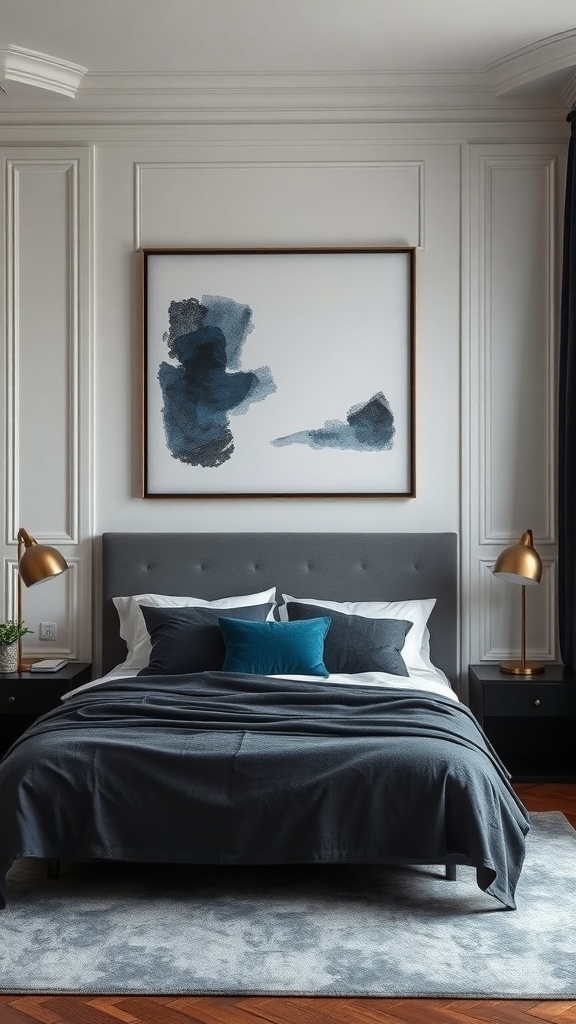 A stylish bedroom featuring black and blue artwork above a gray bed with decorative pillows.