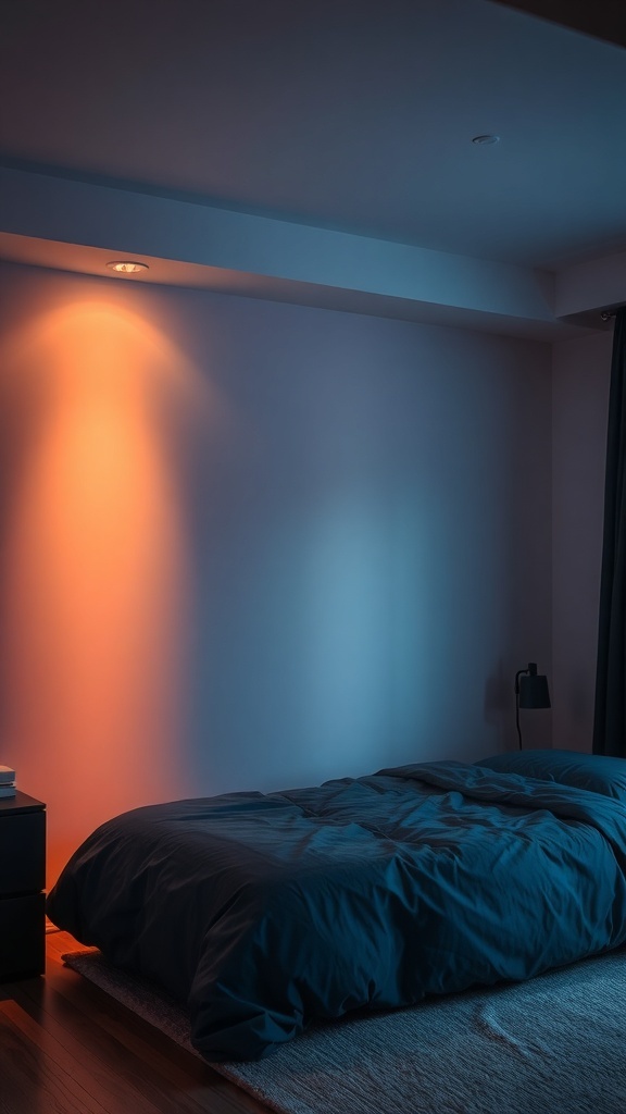 A cozy bedroom with layered lighting featuring warm orange and cool blue tones.