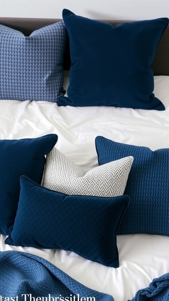 A collection of navy blue throw pillows on a bed, featuring various textures and patterns.