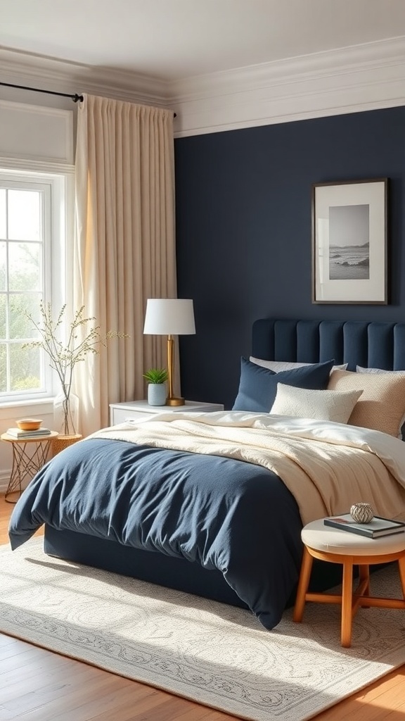 A navy blue bedroom featuring soft beige bedding, curtains, and light wood furniture.
