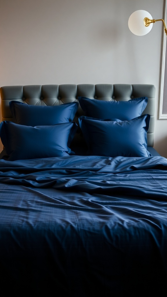 A stylish dark blue bedding set with multiple pillows on a bed, complemented by a modern lamp.