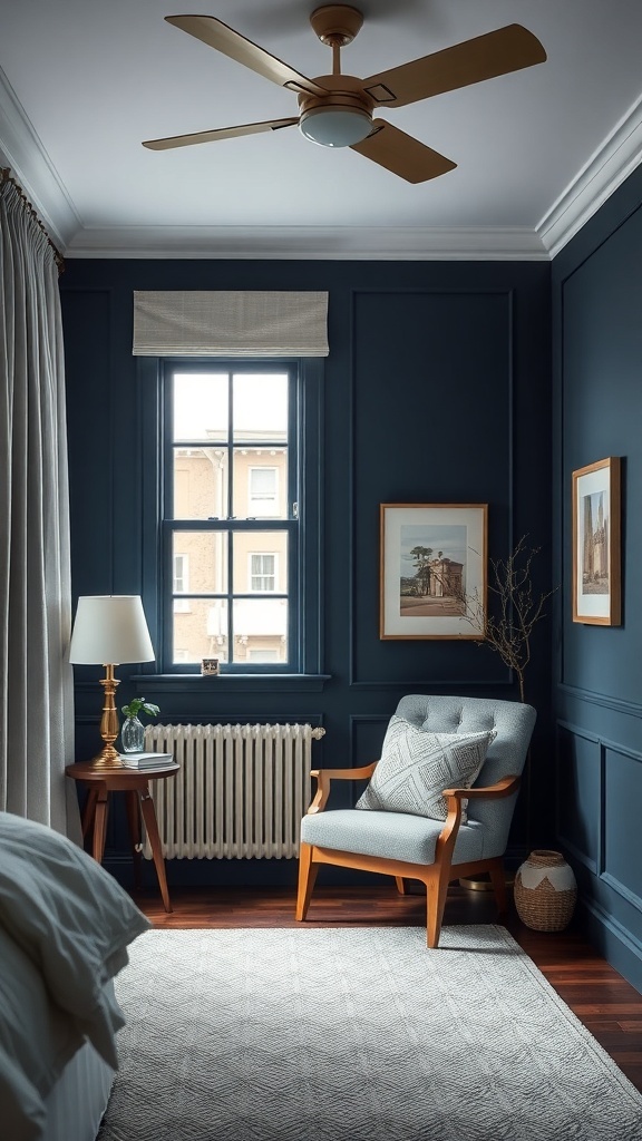 Cozy reading nook with navy blue walls, comfortable chair, and warm lighting