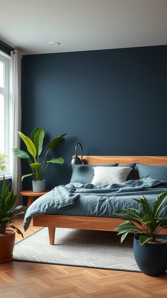 A navy blue bedroom featuring plants, wooden furniture, and soft textiles.