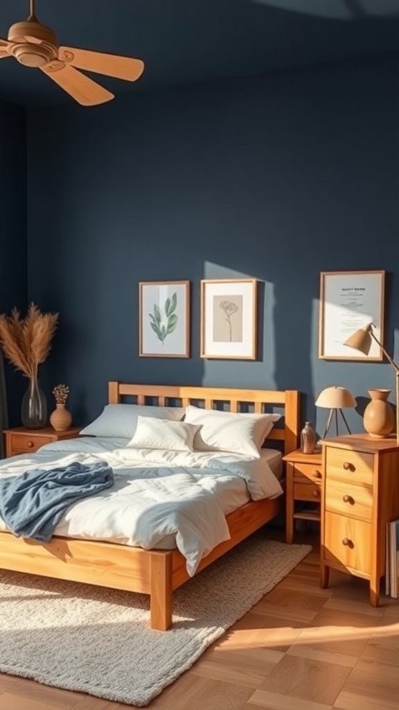A cozy bedroom featuring dark blue walls and natural wood furniture.